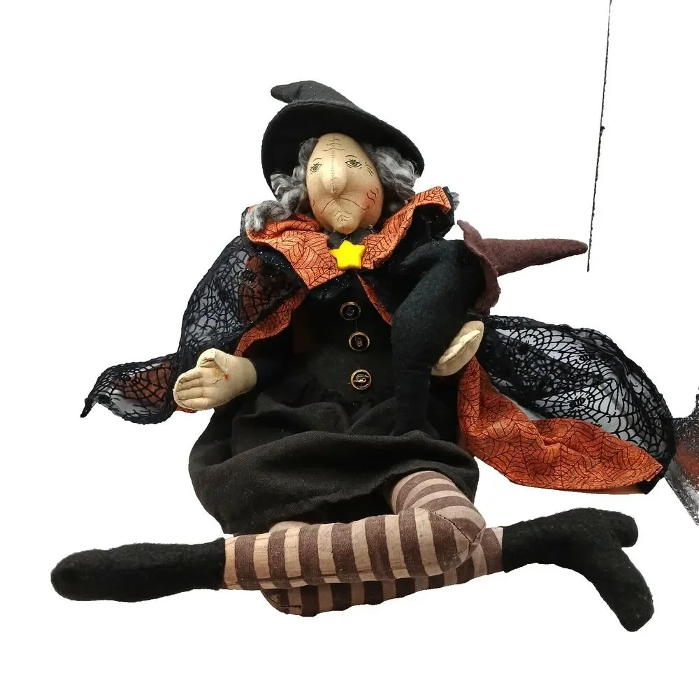 Vintage Halloween Witch Doll with Pet Bird Shelf Sitter Folk Art Style 18